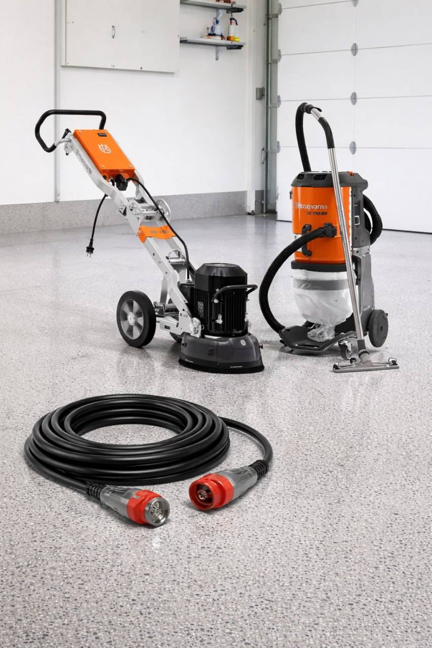 Husqvarna grinder, DE110SH dust extractor and extension lead β Anytime Grinder Hire full bundle