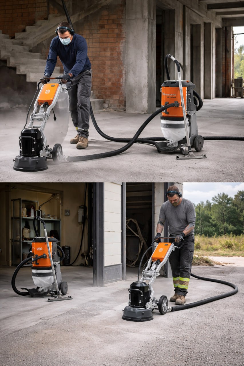 Husqvarna grinder and DE110SH dust extractor in use on concrete floor